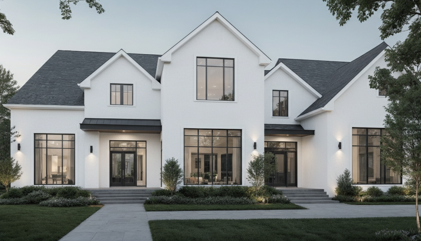 Modern custom home exterior at dusk